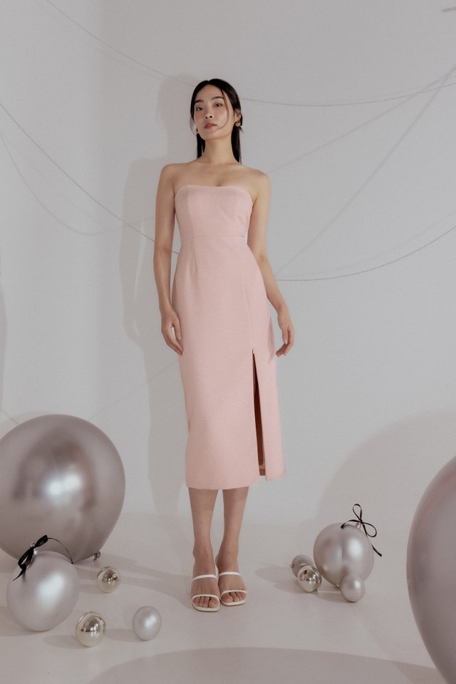 JAZELLE PADDED TWEED SWEETHEART TUBE MIDAXI DRESS (PINK)