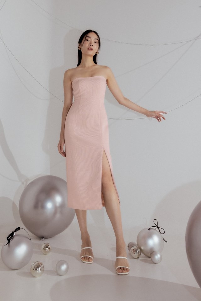 JAZELLE PADDED TWEED SWEETHEART TUBE MIDAXI DRESS (PINK)