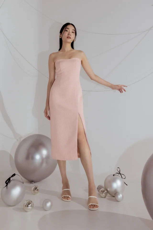JAZELLE PADDED TWEED SWEETHEART TUBE MIDAXI DRESS (PINK)