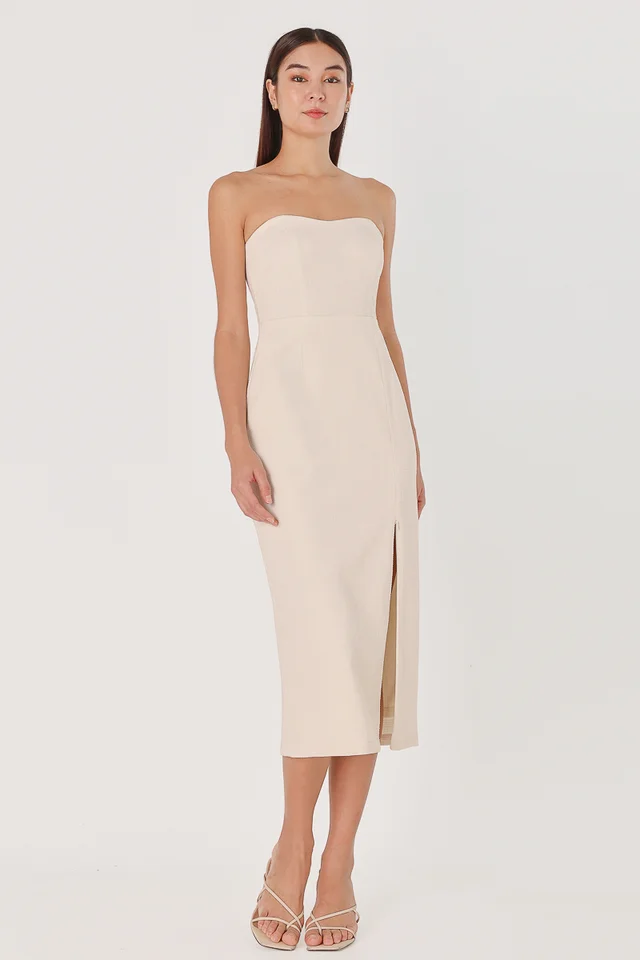 JAZELLE PADDED TWEED SWEETHEART TUBE MIDAXI DRESS (CHAMPAGNE)