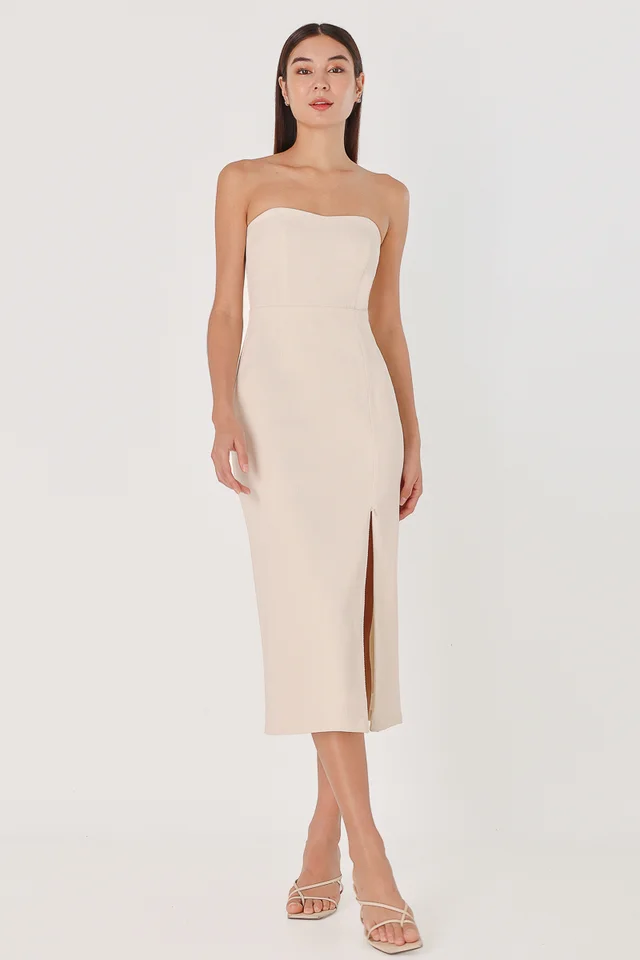JAZELLE PADDED TWEED SWEETHEART TUBE MIDAXI DRESS (CHAMPAGNE)