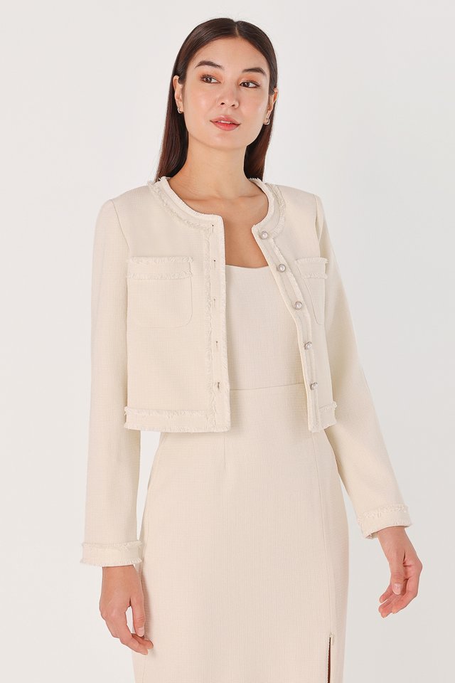 JAZELLE FRAYED TWEED POCKET BUTTON JACKET (CHAMPAGNE)