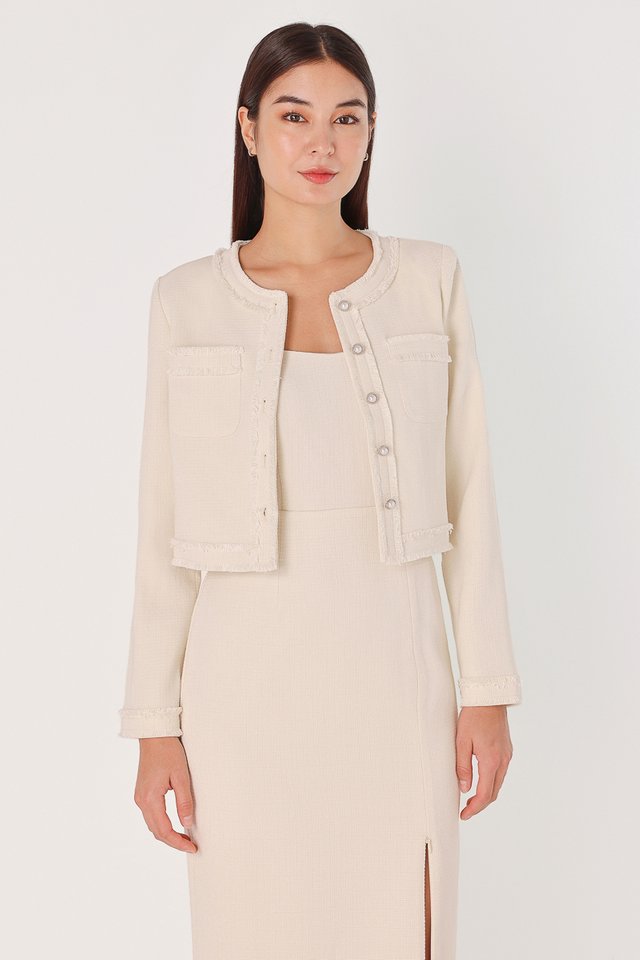 JAZELLE FRAYED TWEED POCKET BUTTON JACKET (CHAMPAGNE)