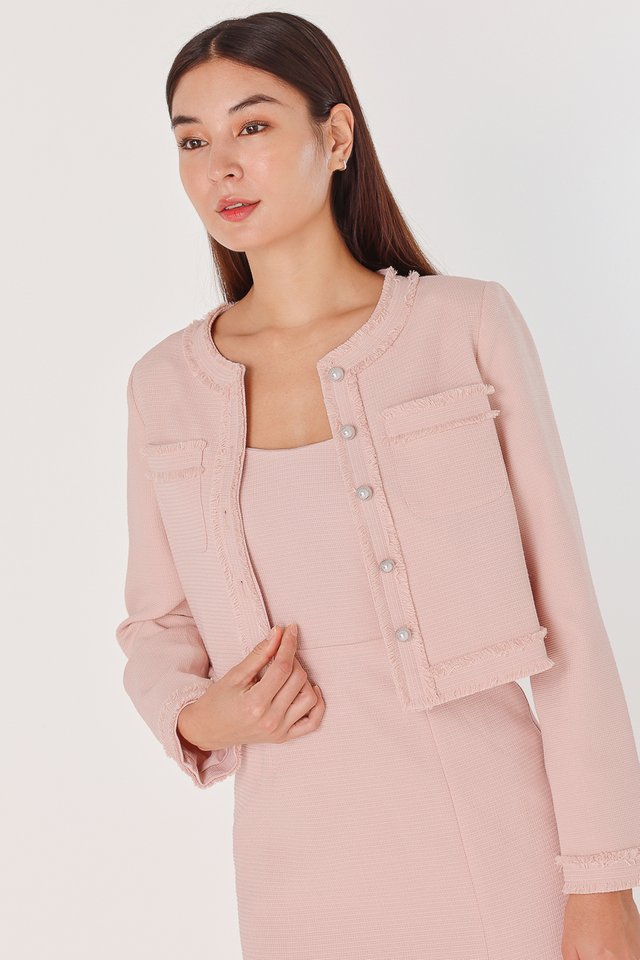 JAZELLE FRAYED TWEED POCKET BUTTON JACKET (PINK)