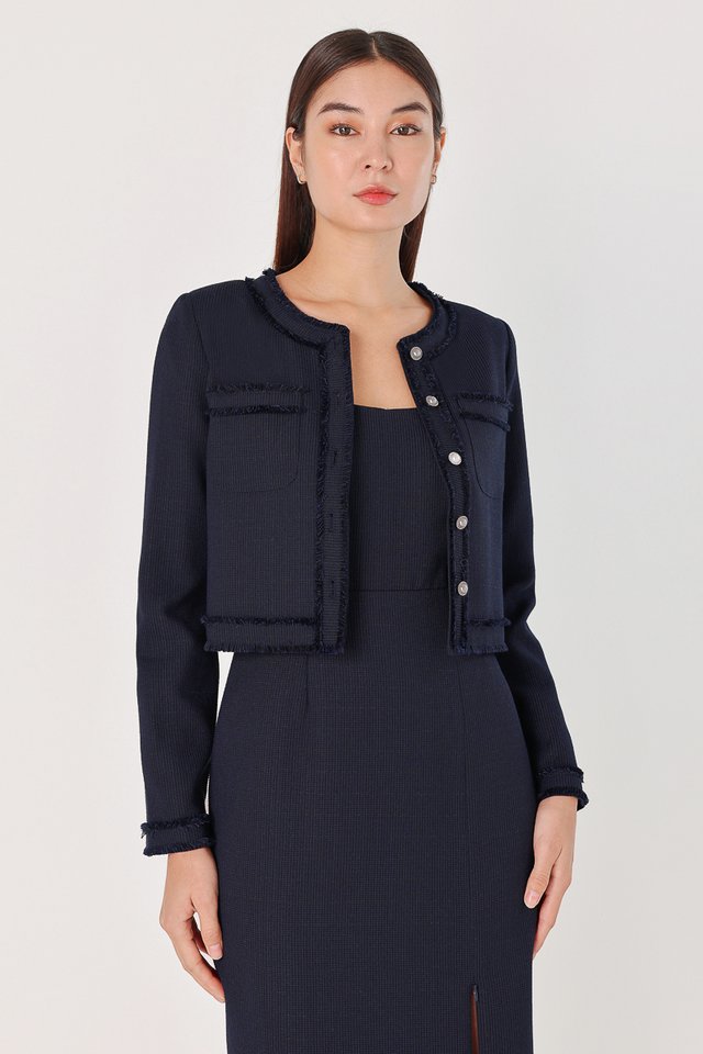 JAZELLE FRAYED TWEED POCKET BUTTON JACKET (NAVY)