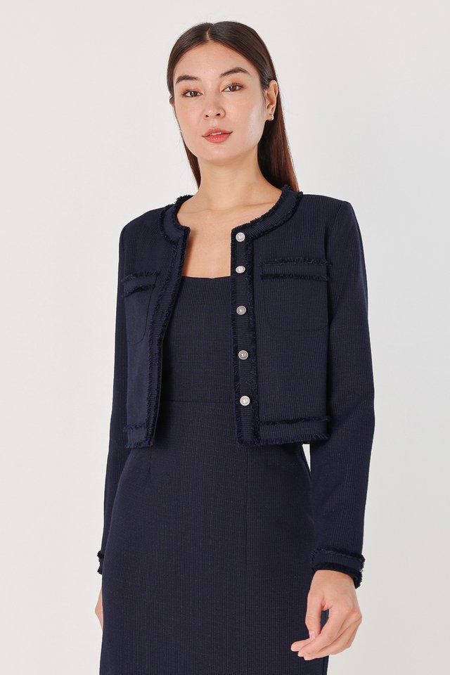 JAZELLE FRAYED TWEED POCKET BUTTON JACKET (NAVY)