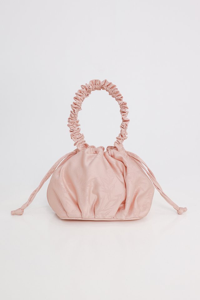 SERENITY FLORAL SATIN RUCHED DUMPLING BAG (PINK)