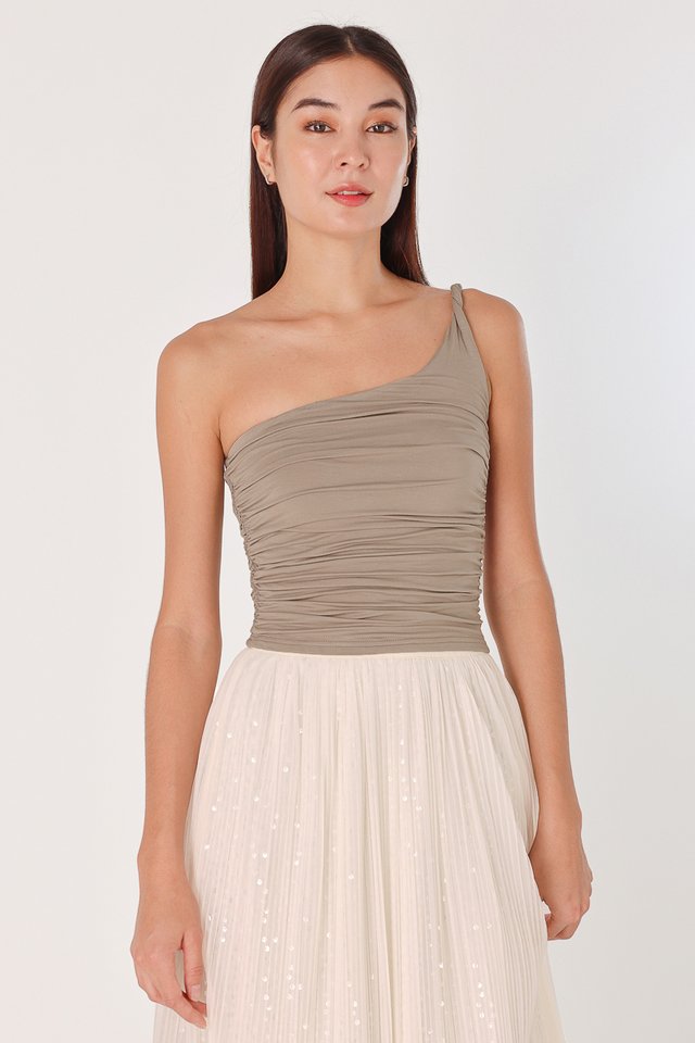 ALZA PADDED RUCHED TOGA TOP (TAUPE)