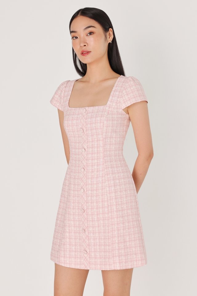 ESMEE PADDED TWEED CAP SLEEVE BUTTON DRESS (PINK)