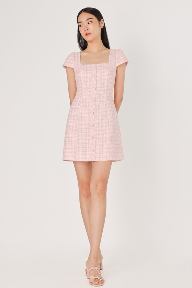 ESMEE PADDED TWEED CAP SLEEVE BUTTON DRESS (PINK)