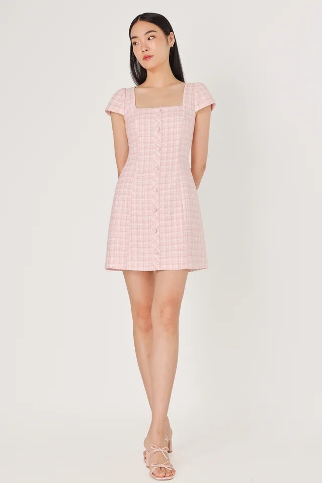 ESMEE PADDED TWEED CAP SLEEVE BUTTON DRESS (PINK)