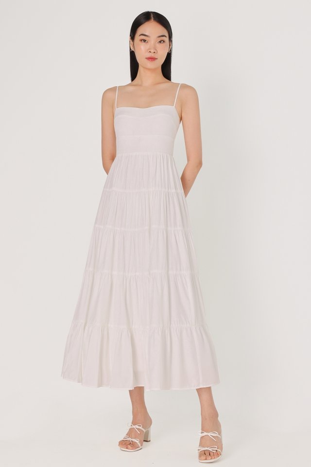 TYLA PADDED RUCHED TIERED MAXI DRESS (WHITE)