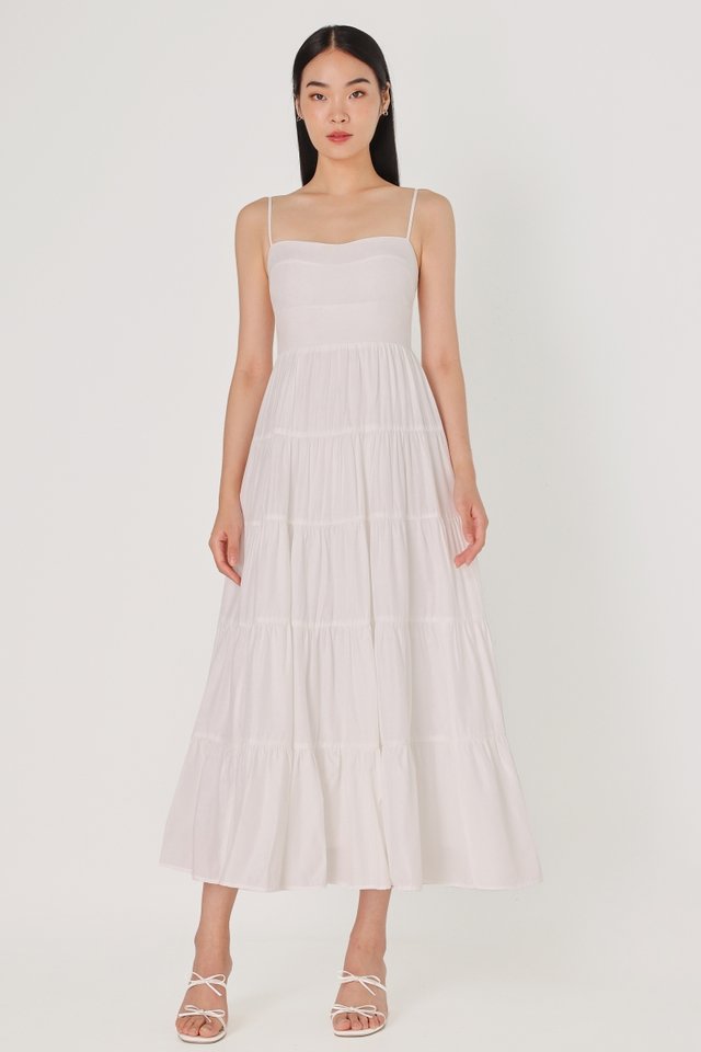 TYLA PADDED RUCHED TIERED MAXI DRESS (WHITE)