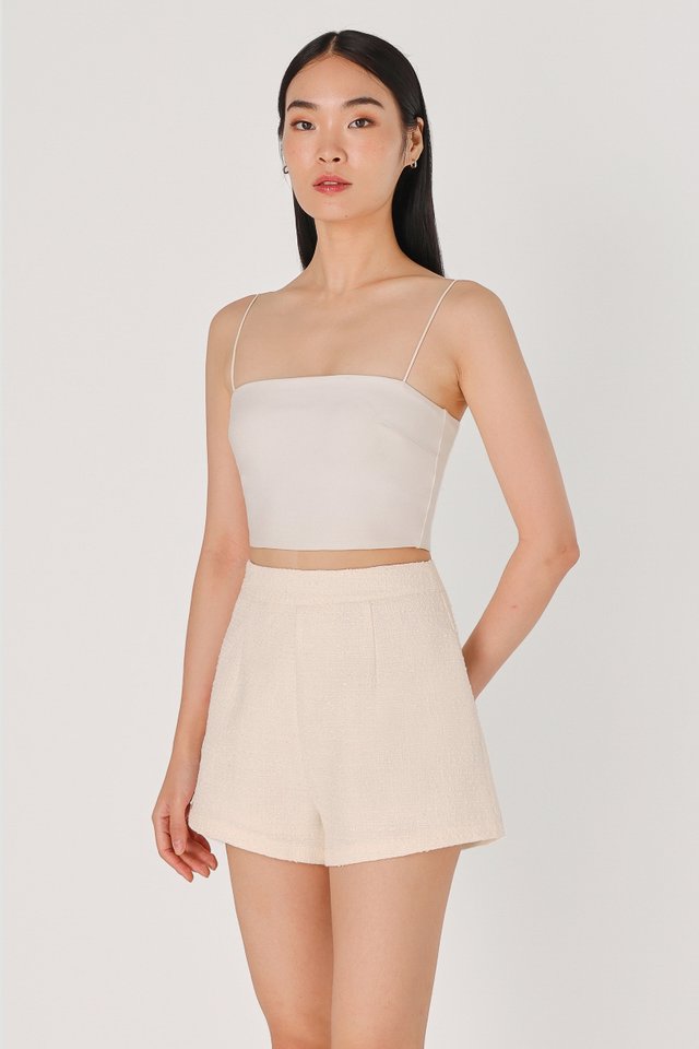 BRENA TWEED SLANT HEM SHORTS (IVORY)