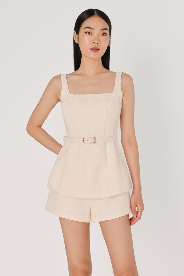 BRENA PADDED TWEED LONGLINE BELTED TOP (IVORY)