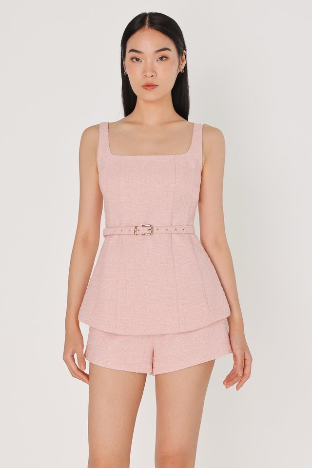 BRENA PADDED TWEED LONGLINE BELTED TOP (PINK)