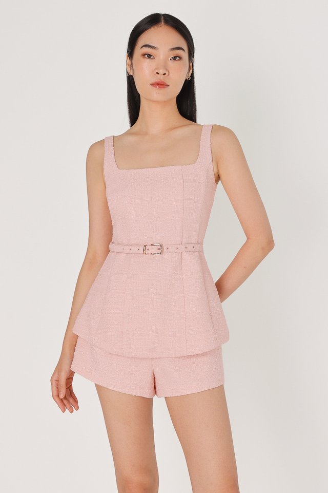 BRENA PADDED TWEED LONGLINE BELTED TOP (PINK)