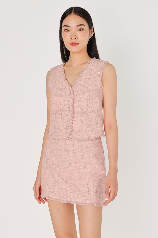 TIFFANY FRAYED TWEED BUTTON VEST TOP (PINK)