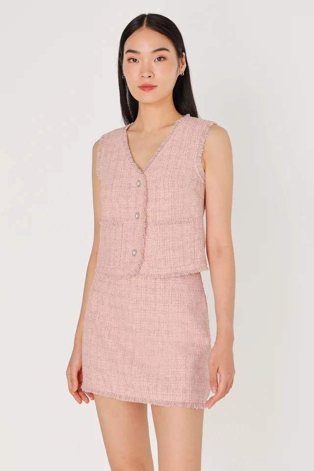 TIFFANY FRAYED TWEED BUTTON VEST TOP (PINK)