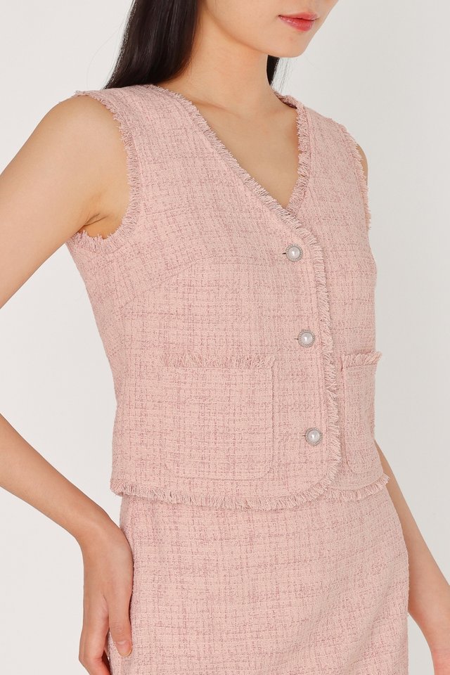 TIFFANY FRAYED TWEED BUTTON VEST TOP (PINK)