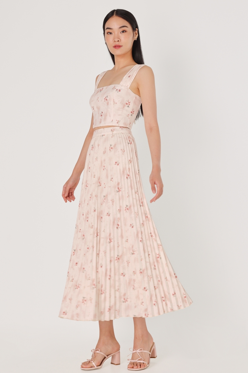 Floral Print Pleated Skirt and Blouse Set