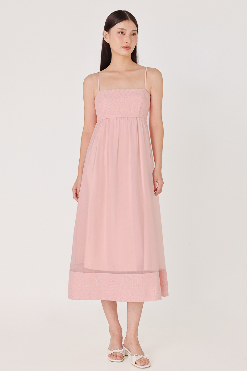 NIKITA PADDED CONTRAST TWEED ORGANZA MIDAXI DRESS (PINK) | Lovet