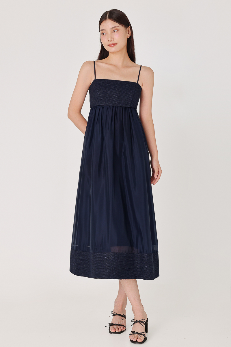 NIKITA PADDED CONTRAST TWEED ORGANZA MIDAXI DRESS (NAVY) | Lovet