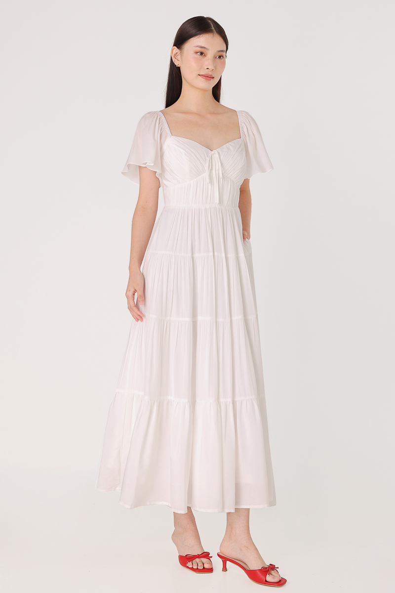 Ruched contrast backless one shoulder ribbon 2-way maxi dress