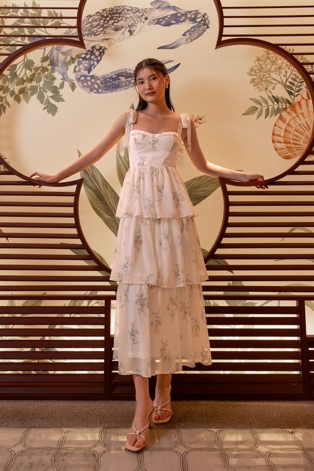 MELODY PADDED CHIFFON BUSTIER TIERED MAXI DRESS (PINK FLORAL)