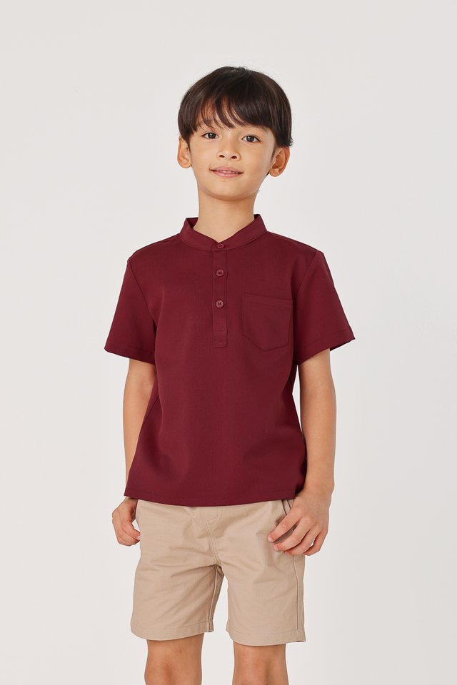 MATT HALF-BUTTON SHORT SLEEVE POCKET SHIRT (WINE) - MINI BOY