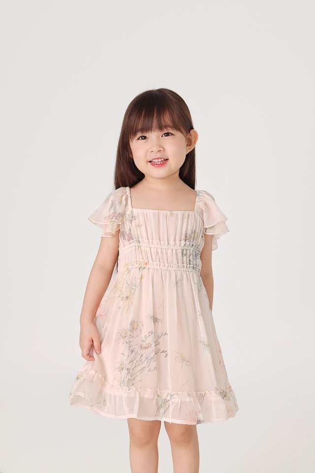 SERENE FLORAL CHIFFON RUCHED FLUTTER SLEEVE DRESS - MINI GIRL