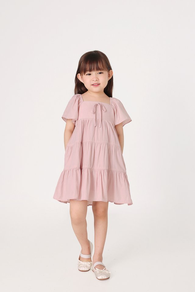 JEWEL RIBBON RUCHED TIERED DRESS (PINK) - MINI GIRL