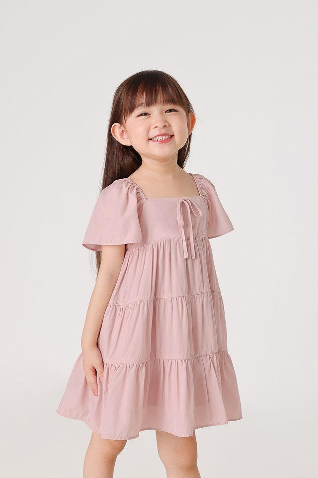 JEWEL RIBBON RUCHED TIERED DRESS (PINK) - MINI GIRL