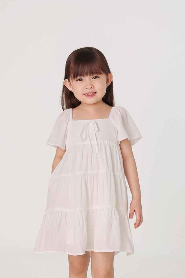 JEWEL RIBBON RUCHED TIERED DRESS (WHITE) - MINI GIRL