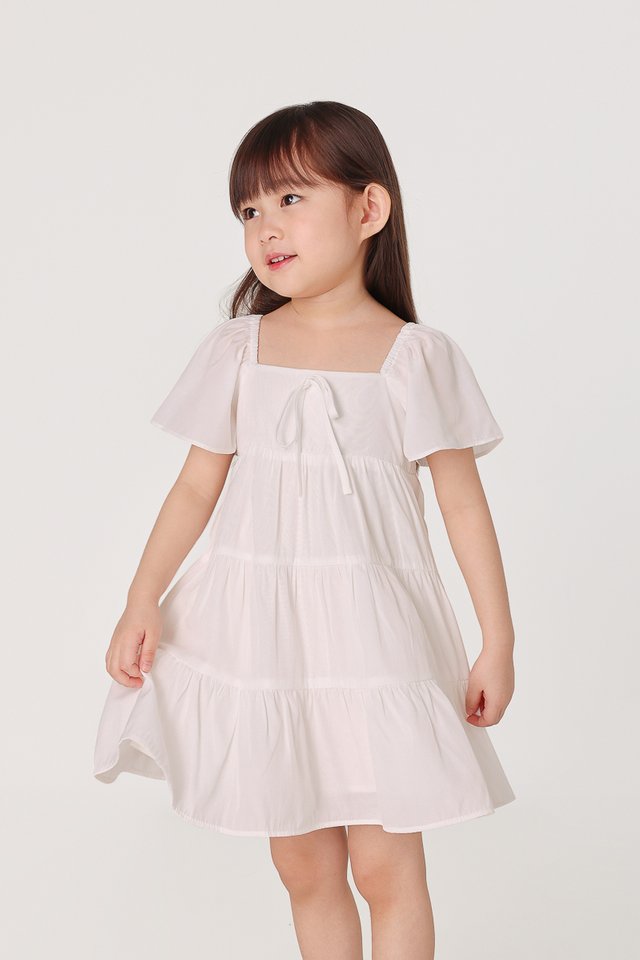 JEWEL RIBBON RUCHED TIERED DRESS (WHITE) - MINI GIRL