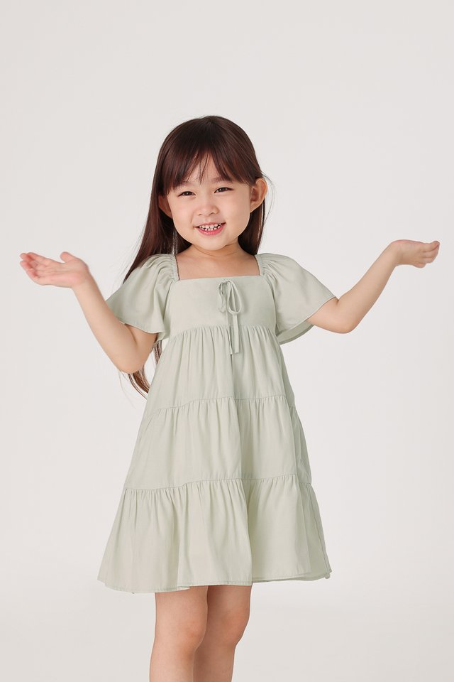 JEWEL RIBBON RUCHED TIERED DRESS (SAGE) - MINI GIRL