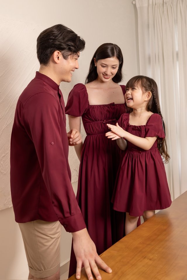 MABELLE PADDED RIBBON PUFF SLEEVE MAXI DRESS (WINE)