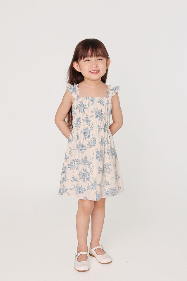 ROXANNE LINEN FLORAL ELASTIC RUCHED DRESS (PORCELAIN BLUE) - MINI GIRL