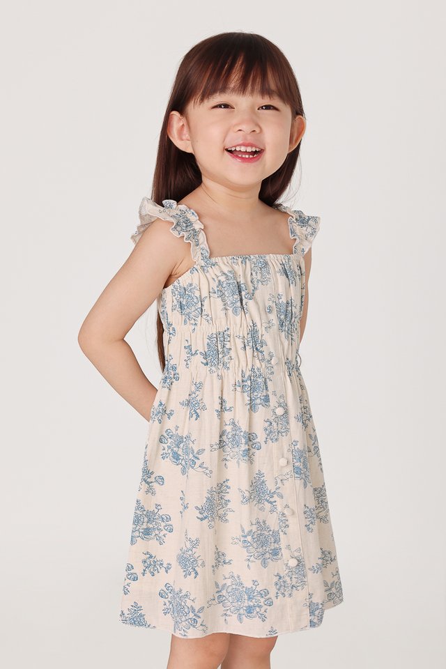 ROXANNE LINEN FLORAL ELASTIC RUCHED DRESS (PORCELAIN BLUE) - MINI GIRL