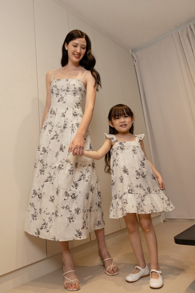 JULIETTE PADDED LINEN FLORAL PANELLED MIDAXI DRESS