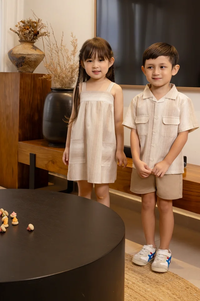 LEXIS LINEN STRIPED POCKET TENT DRESS (DUNE) - MINI GIRL