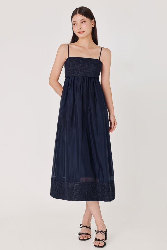 NIKITA PADDED CONTRAST TWEED ORGANZA MIDAXI DRESS (NAVY)