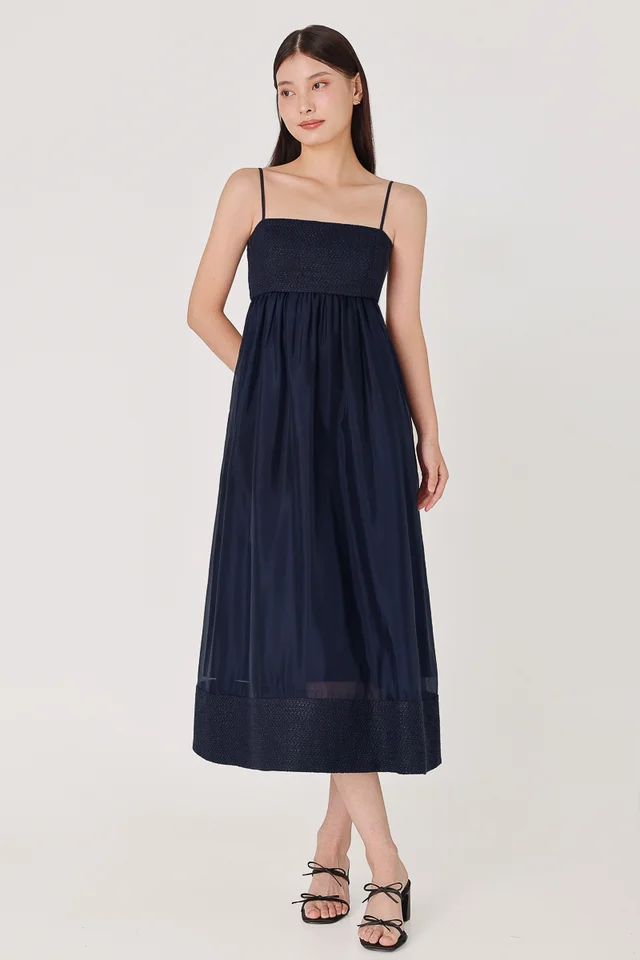 NIKITA PADDED CONTRAST TWEED ORGANZA MIDAXI DRESS (NAVY)