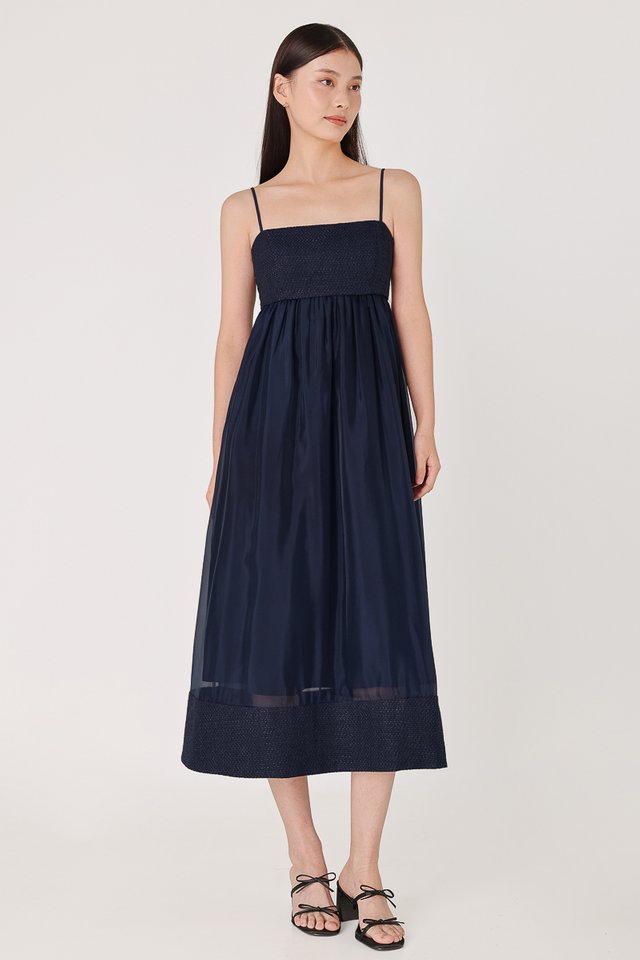 NIKITA PADDED CONTRAST TWEED ORGANZA MIDAXI DRESS (NAVY)