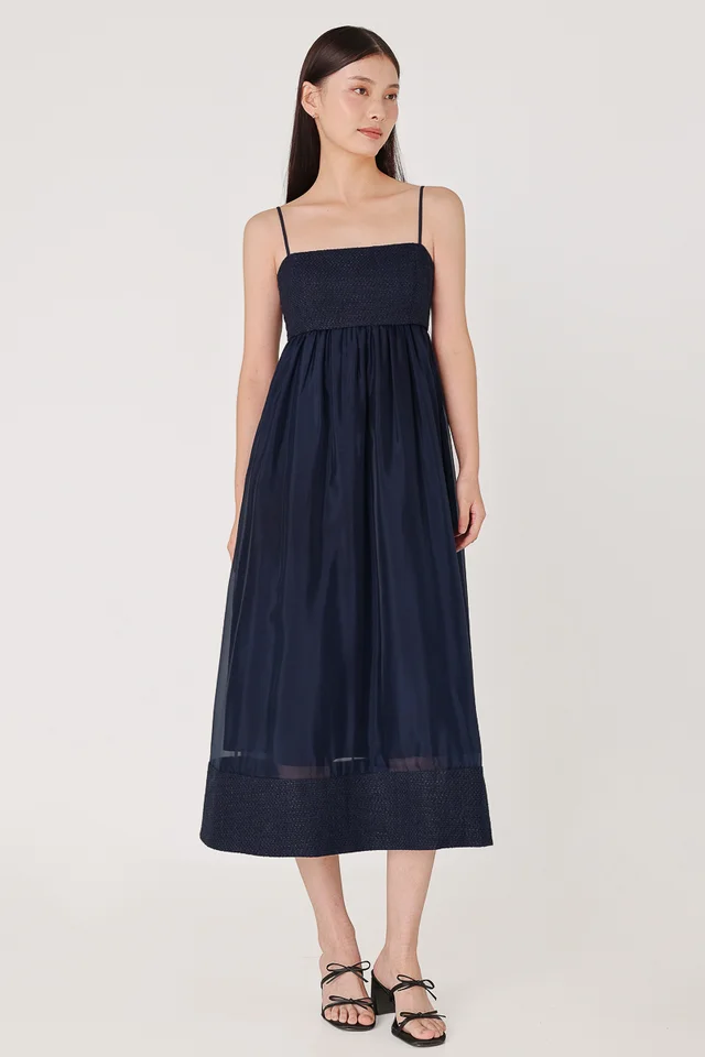 NIKITA PADDED CONTRAST TWEED ORGANZA MIDAXI DRESS (NAVY)