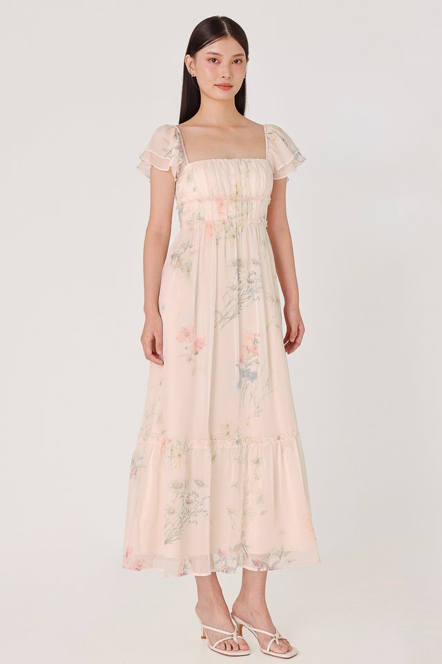 SERENE PADDED FLORAL CHIFFON FLUTTER SLEEVE MAXI DRESS