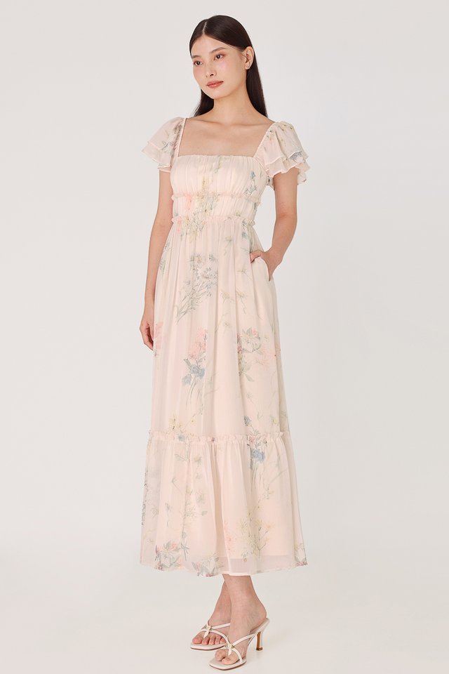 SERENE PADDED FLORAL CHIFFON FLUTTER SLEEVE MAXI DRESS