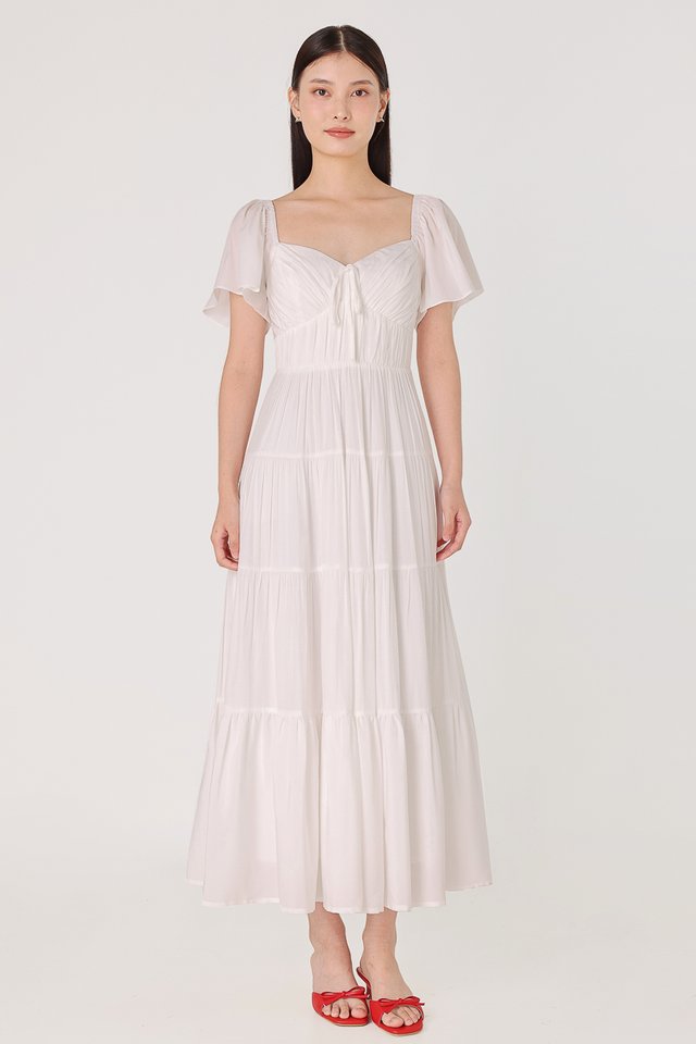 JEWEL PADDED RIBBON RUCHED TIERED MAXI DRESS (WHITE)