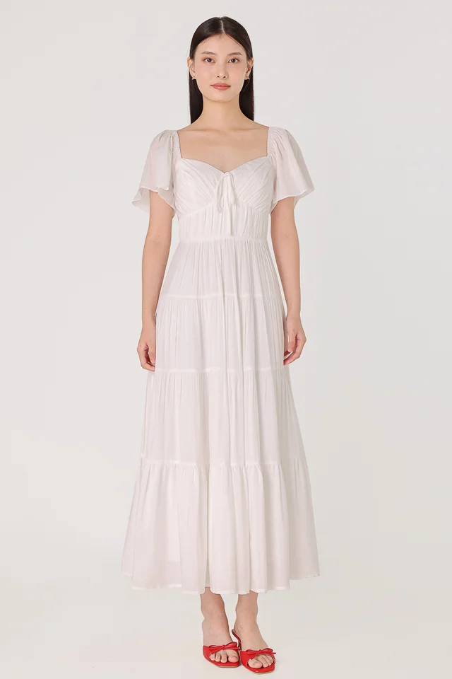 JEWEL PADDED RIBBON RUCHED TIERED MAXI DRESS (WHITE)