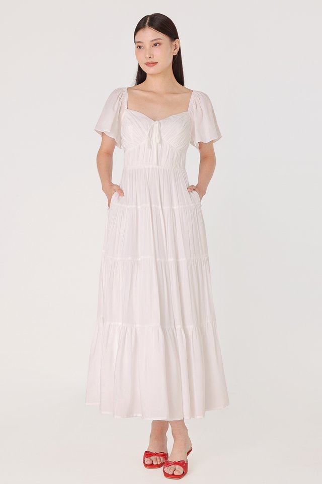 JEWEL PADDED RIBBON RUCHED TIERED MAXI DRESS (WHITE)